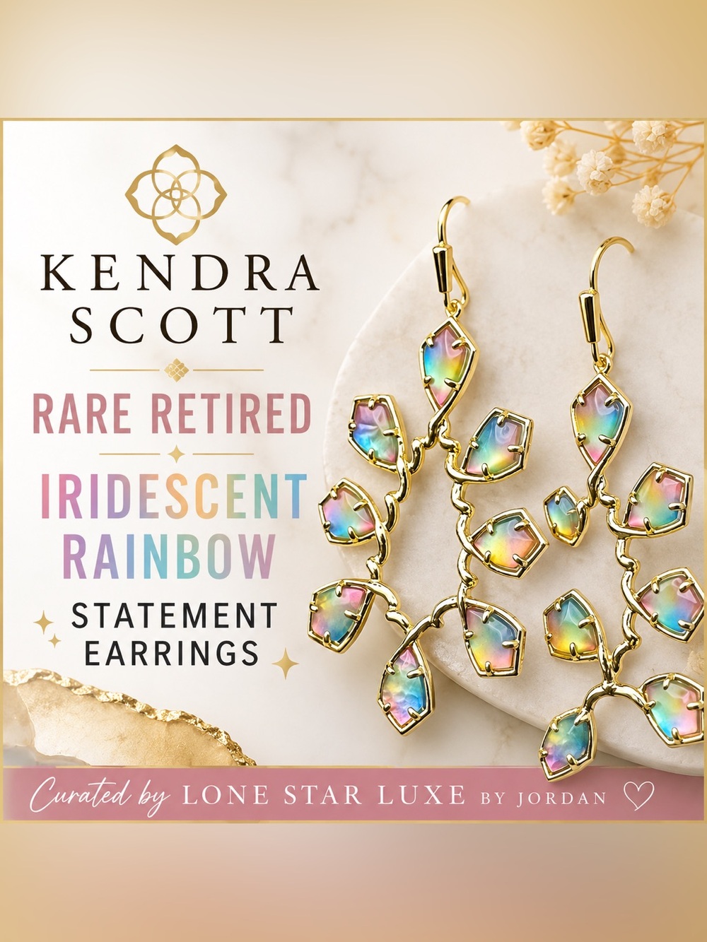 Kendra Scott Gold Statement Earrings in Iridescent Rainbow Glass | Rare/Retired